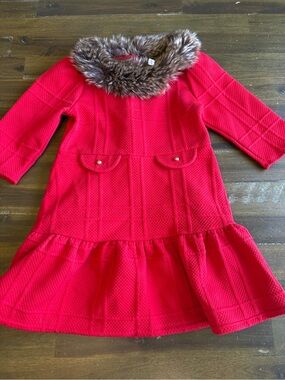 Janie & Jack Red Bradbury Jacquard Dress Faux Fur Collar Holiday Party 5 Knit